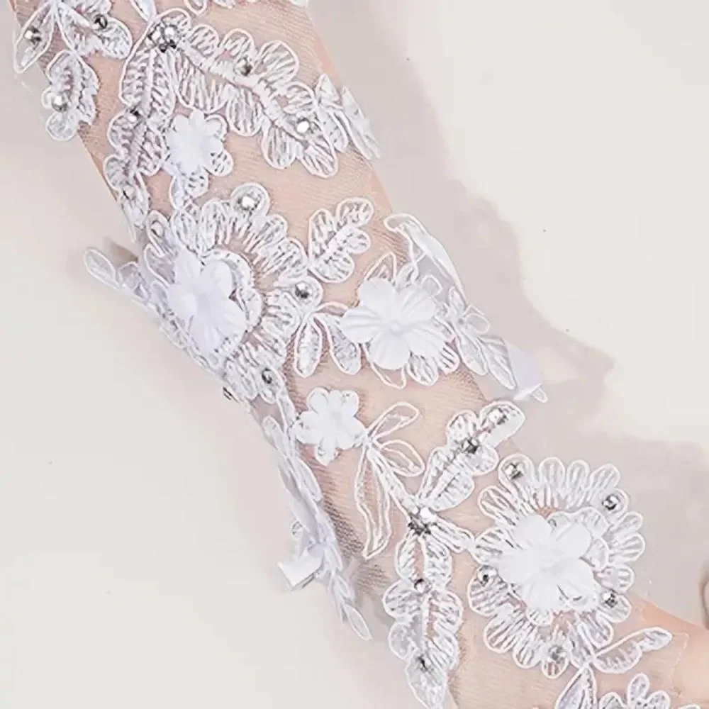 White Tulle and Lace Fingerless Bridal Wedding Gloves With Rhinestone Accents